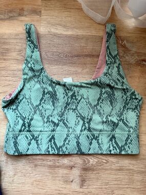 Fabletics Reversible Mint Green Snake-Print Sports Bra with Pink Lining